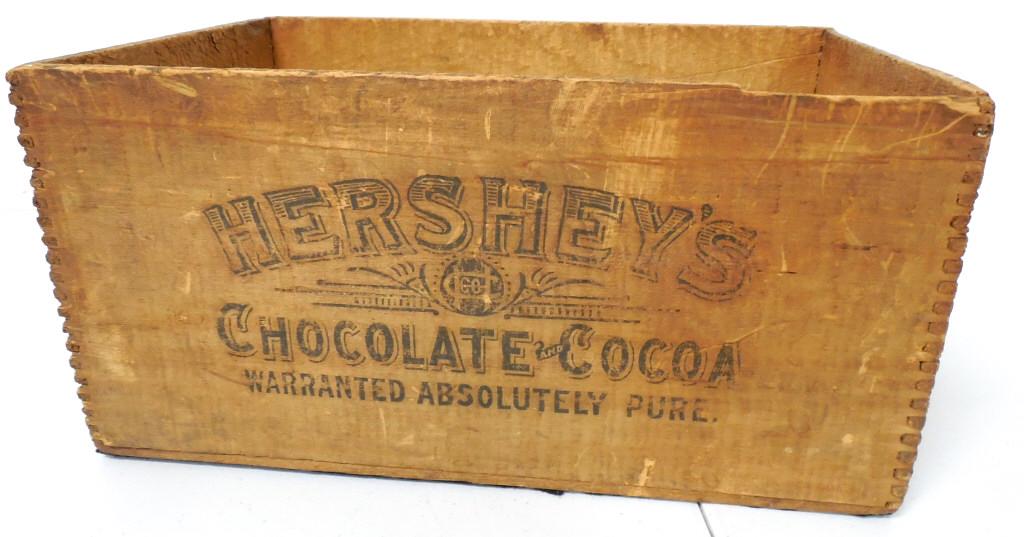 Hershey's Chocolate and Cocoa Wooden box: dovetailed box,9x14x6 1/2 in deep,broken on top corner