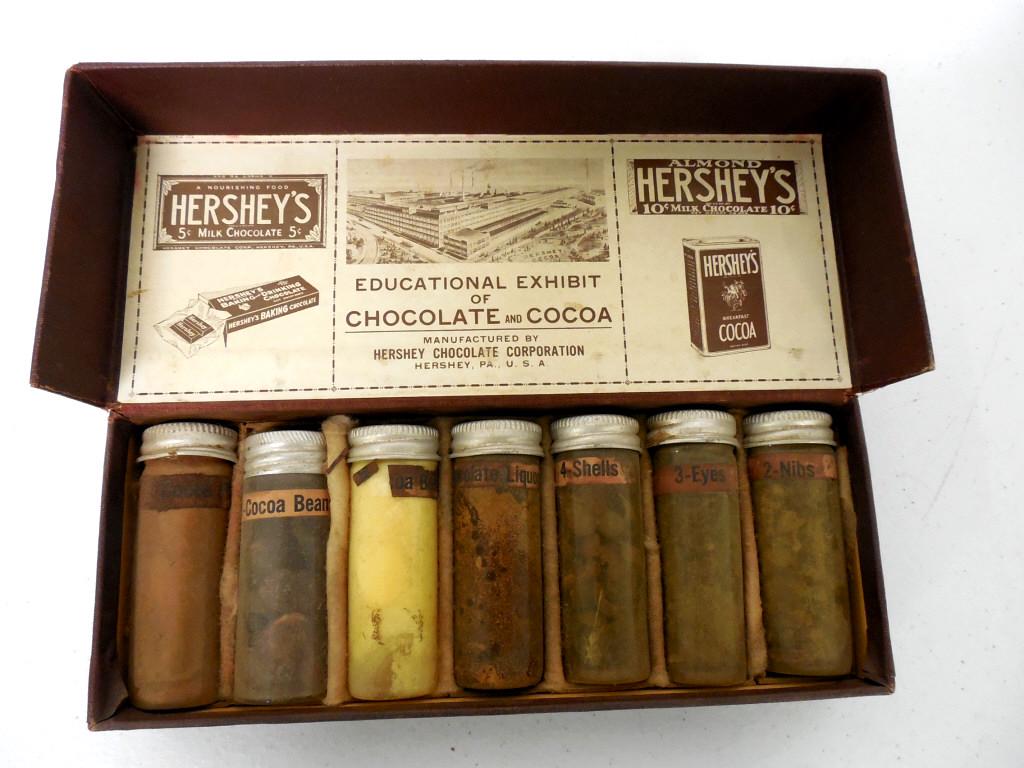 Hershey's Educational Exhibit of chocolate: 7 labeled plastic jars with lids,labeled,discolored