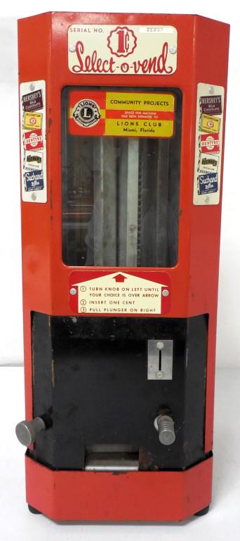 Select-O-Vend Metal Candy Machine: 7 1/4x8x18,some rust,with key
