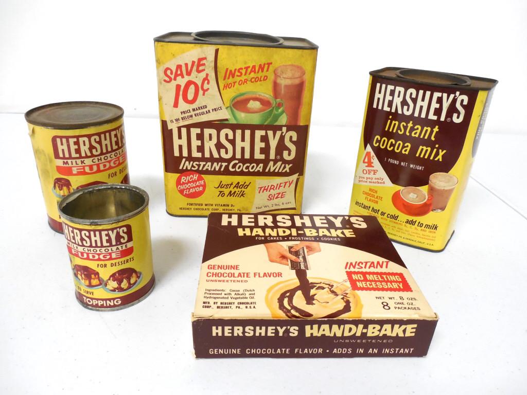 Hershey's tins,cans and box: instant cocoa,fudge,handi-bake,1 lid missing,stains