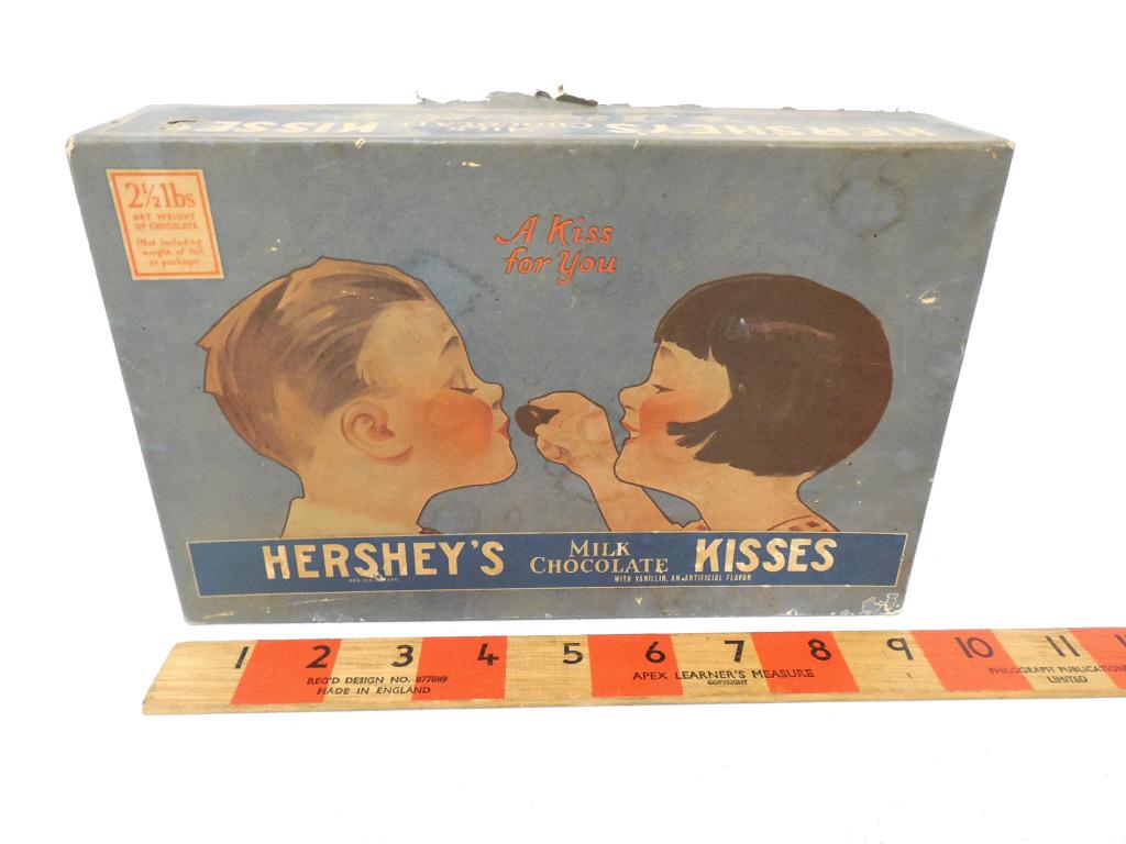 2 1/2 lb Cardboard Box Hershey Kisses: #130,worn around lid bottom