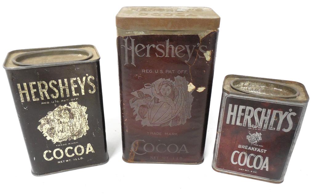 Lot of 3 Hershey Cocoa Tins,4oz,1/2 lb,1 lb: 4 oz dented,paper label,1/2 lb,scratched,1 lb,label torn