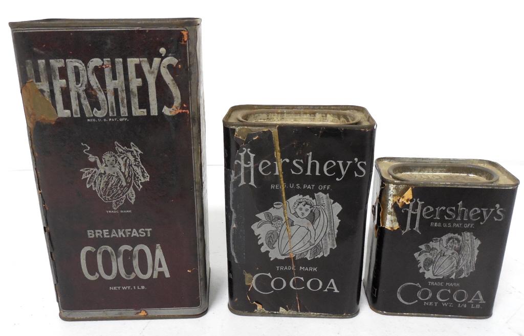 Lot of 3,Hershey Cocoa Tins 1/4,1/2,1 lb: 1/4 label torn,1/2 label torn,taped,1 lb label torn