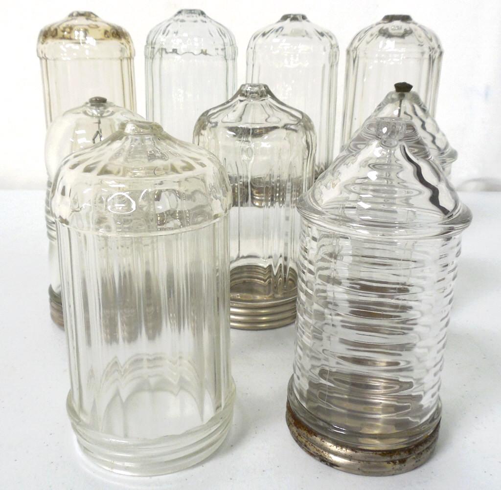 Lot of 9,Glass Dispensers with Tin Lids: Sugar containers?