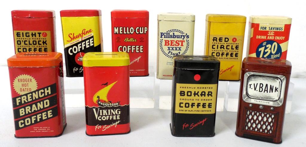 Lot of 10,Advertising Tin Banks (1 of 12)