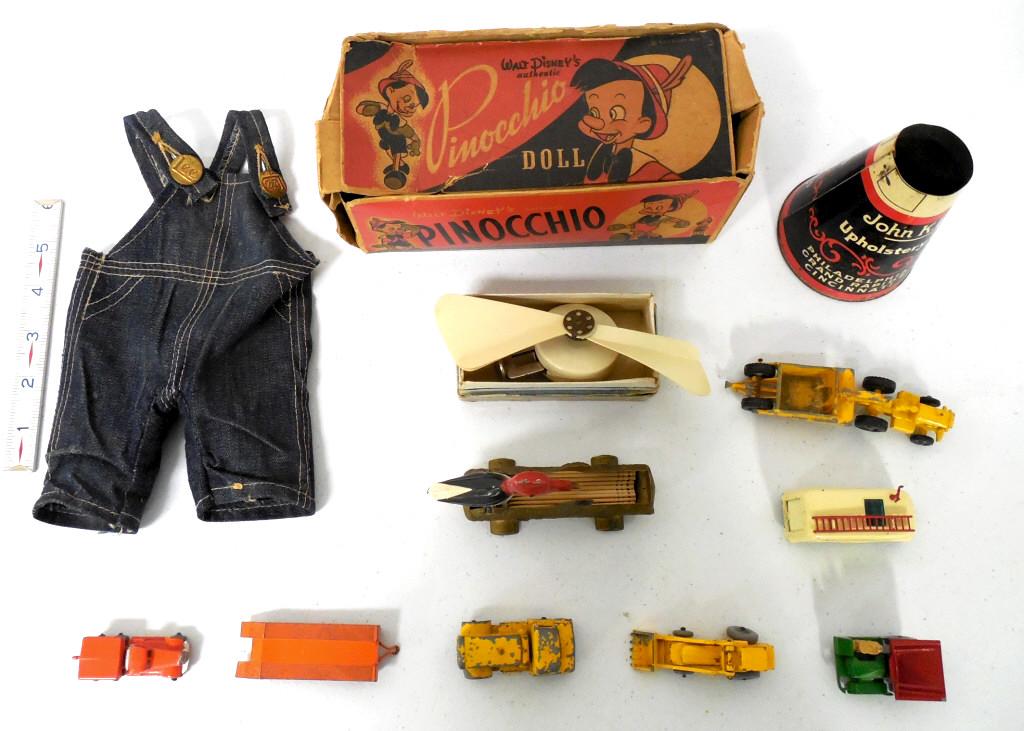 Lot of 13,Assort Toys,Tin Cylinder,Fan,Jeans: Toys,some Lesney from England,Lee coveralls,Pinocchio box as is,toothpick holder
