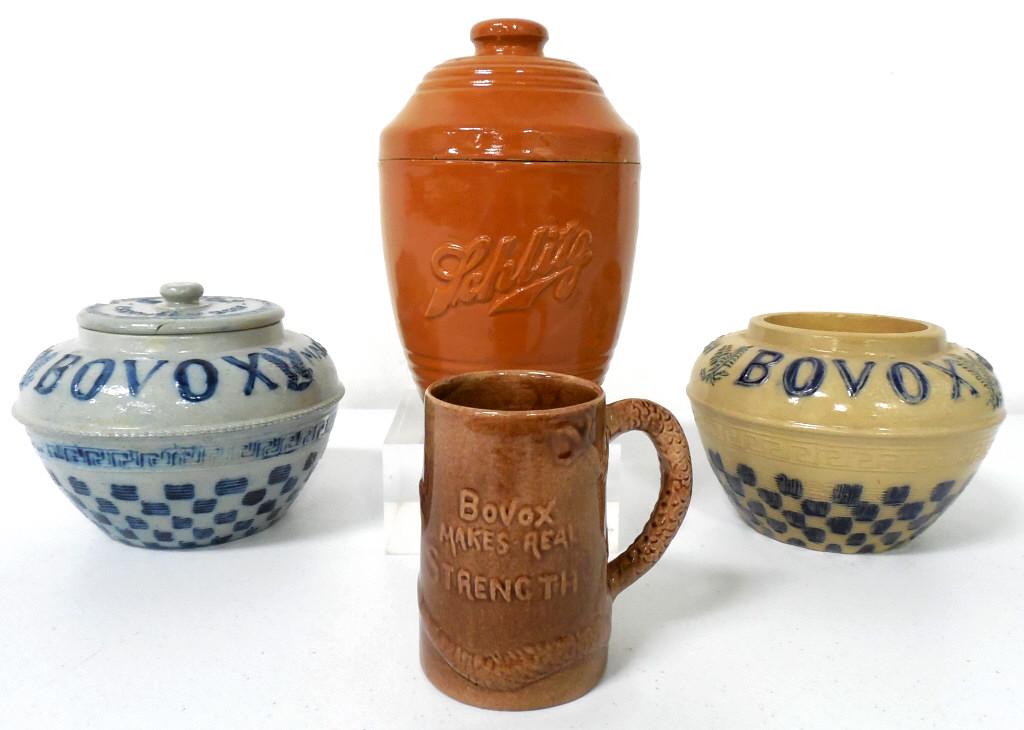 Lot of 4,Bovox Makes Real Strength Items: cup,crock,bowl,plain lidded crock,see pictures
