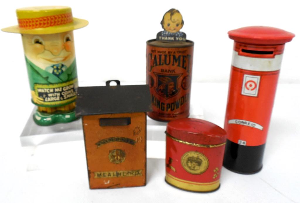lot of 5 various tin banks (1 of 7)