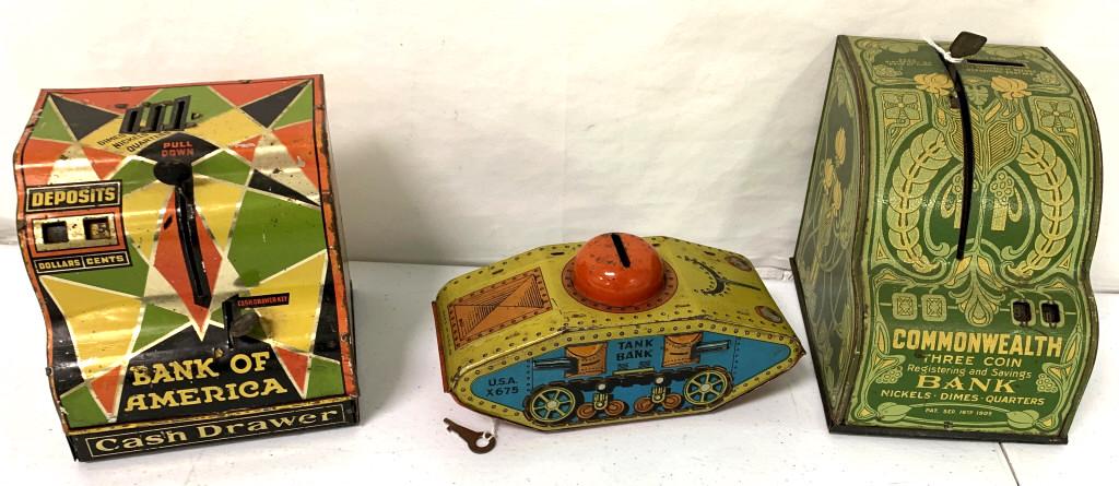 lot of 3 tin banks (1 of 5)