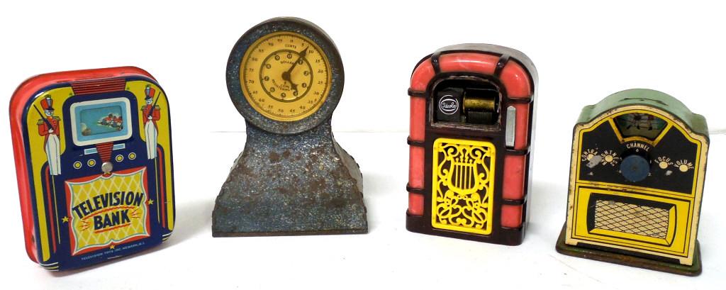 lot of 3 metal banks & 1 plastic bank (1 of 10)