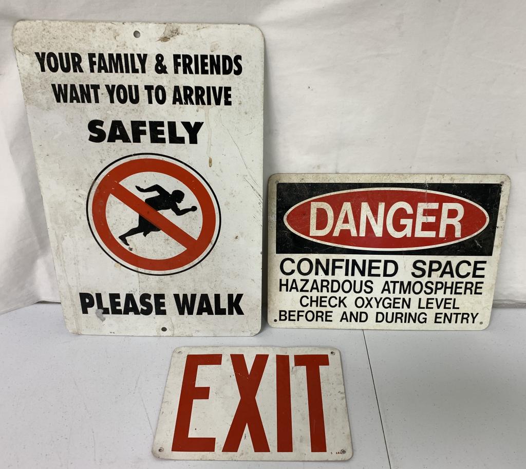 Lot of 3,Safety,Danger,Exit Tin Signs: rusty,paint scratched,exit sign has a dent
