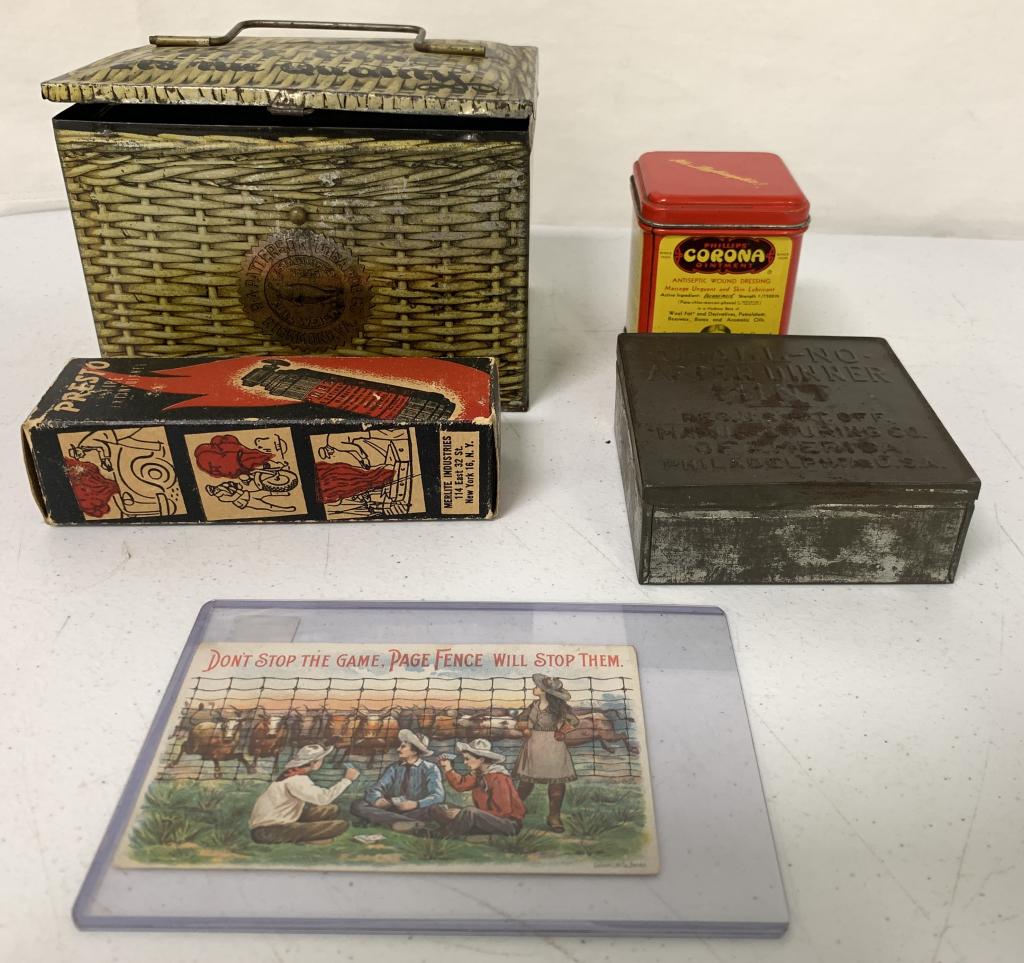 Lot of 5,Advertising Tins,Fire Extinguisher,Card: U-All-No Mints box,rusty,Tobacco Tin,Corona ointment,fence card