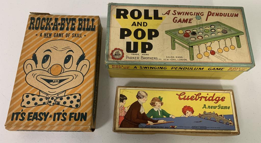 Lot of 3,Roll & Pop Up,Rock-A-Bye-Bill,etc: Parker Bros.,Cue Bridge,as is,pieces may be missing