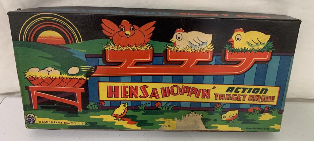Hens A Hoppin Target Game in Box,No.55: Game Makers Inc. Arthur Dritz game box torn and taped,as is,pieces may be missing