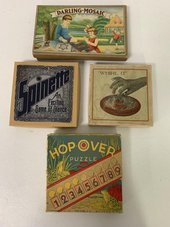 Lot of 4,Whirl It,Spinette,Hop-Over,Mosaic Games: Milton Bradley,Pressman Co,made in Germany,boxes torn,as is,pieces may be missing