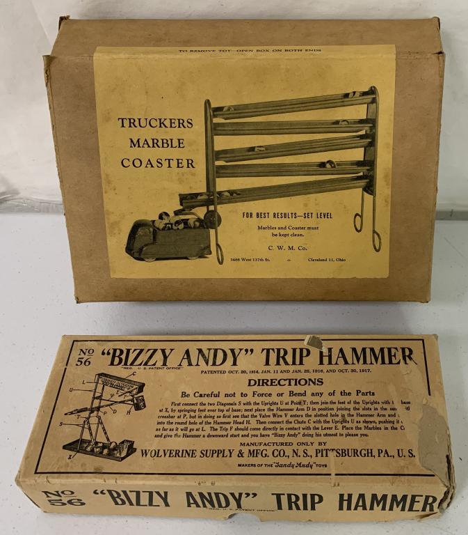 Lot of 2,Bizzy Andy No.56,Truck Marble coaster: Wolverine Supply co,C.W.M Co,in boxes,torn ,as is,may have pieces missing