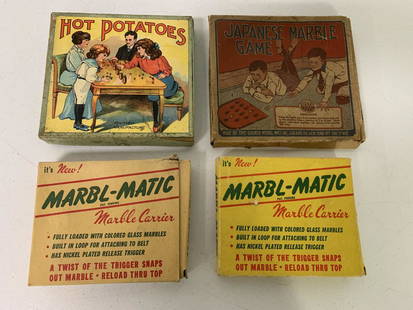 Lot of 4,Hot Potatoes,Marble Game,Holders: boxes torn,Girard Model Works,British Manu,Living design,as is some pieces may be missing