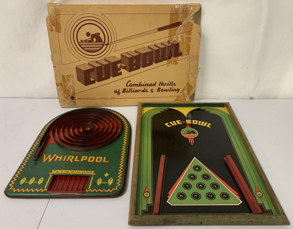Lot of 2,Whirlpool Tin,Cue Bowl wooden: American Toy Works,No.527,Brinkman Engineering #790,no accessories,box broken