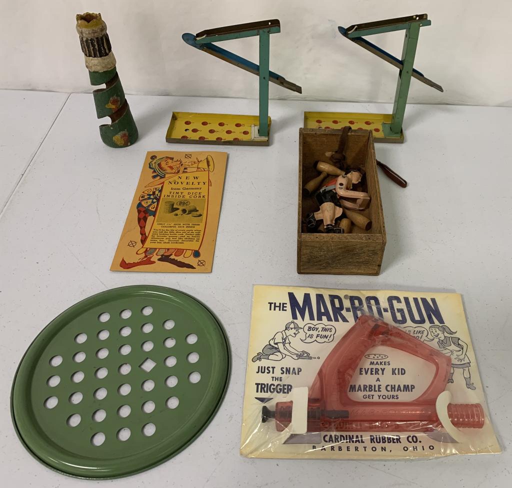Lot of 7,Tin Marblegames,Bowler,Pins: wooden box,marble roller,marble gun,as is some pieces may be missing