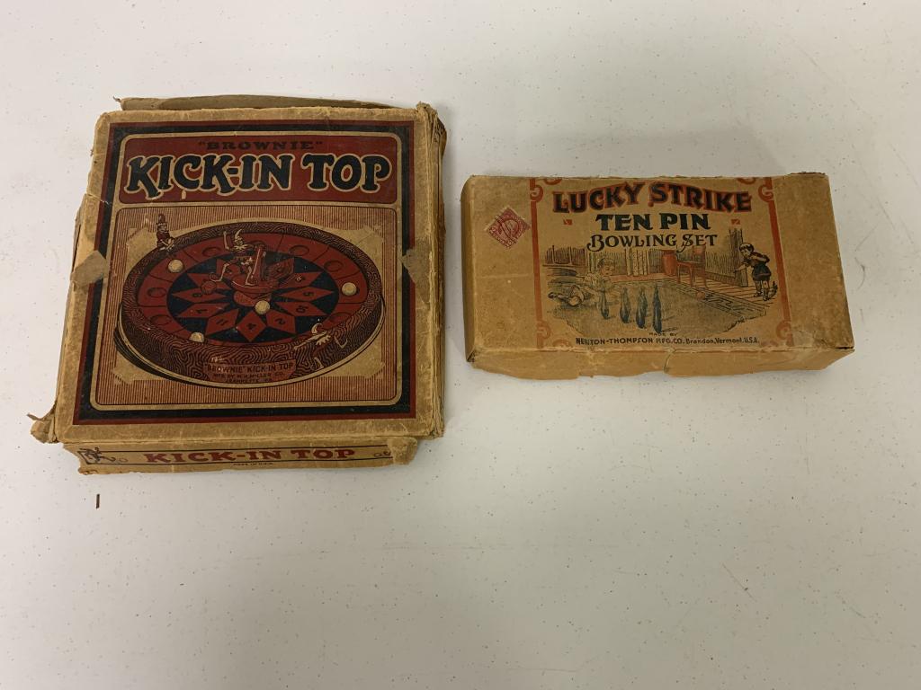 lot of 2 games Kick-In Top & Lucky Strike: both games may or may not be complete, box wear on both, flaps torn, Kick In Top lid damaged