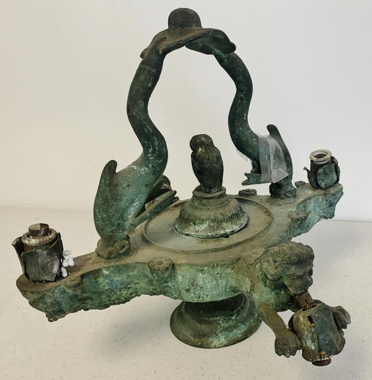 Ceiling Light with Lions Heads: damaged as is
