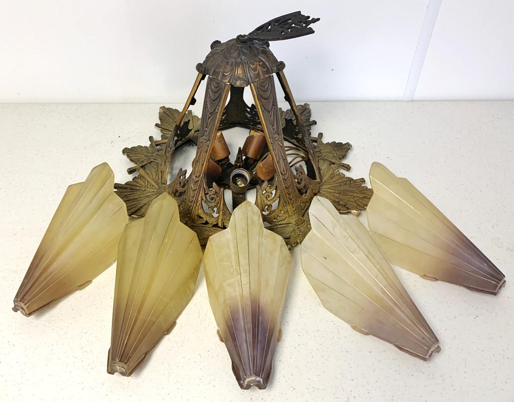 Lot of 6,Metal Hanging Light,5 Amber Shades (1 of 6)