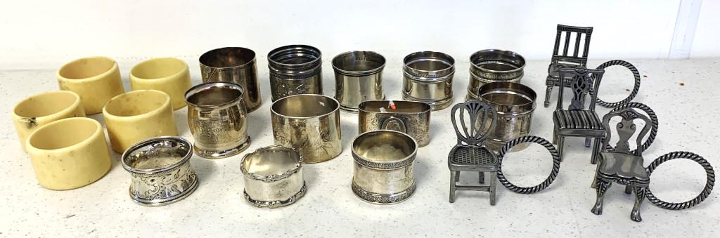 Lot of 21 Napkin Rings,Silver,Pewter,Acrylic: Kirk Stieff Pewter Chairs,Sterling 1290