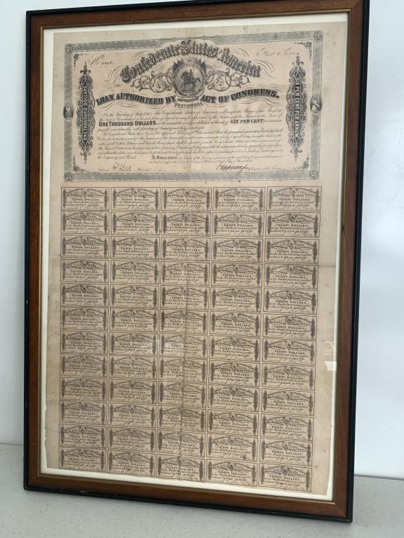 Confederate States of America $1,000 Loan: 20 x 29 Framed no COA PICK -UP or 3rd Party Shipper