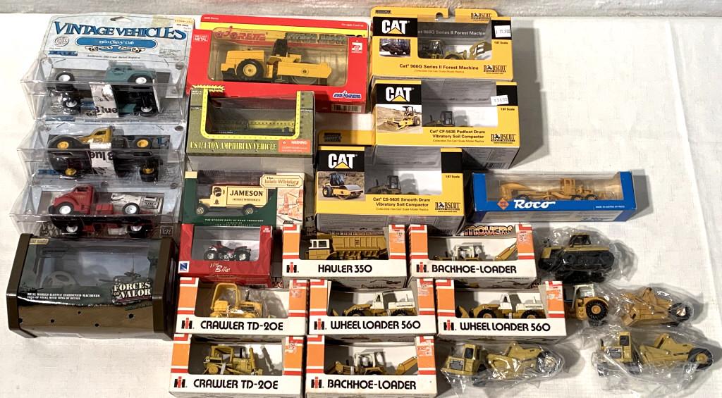 lot of 20+ Mighty Movers, Vintage Vehciles others: Caterpillar tractors, Forces of Valor, some without boxes, box 219
