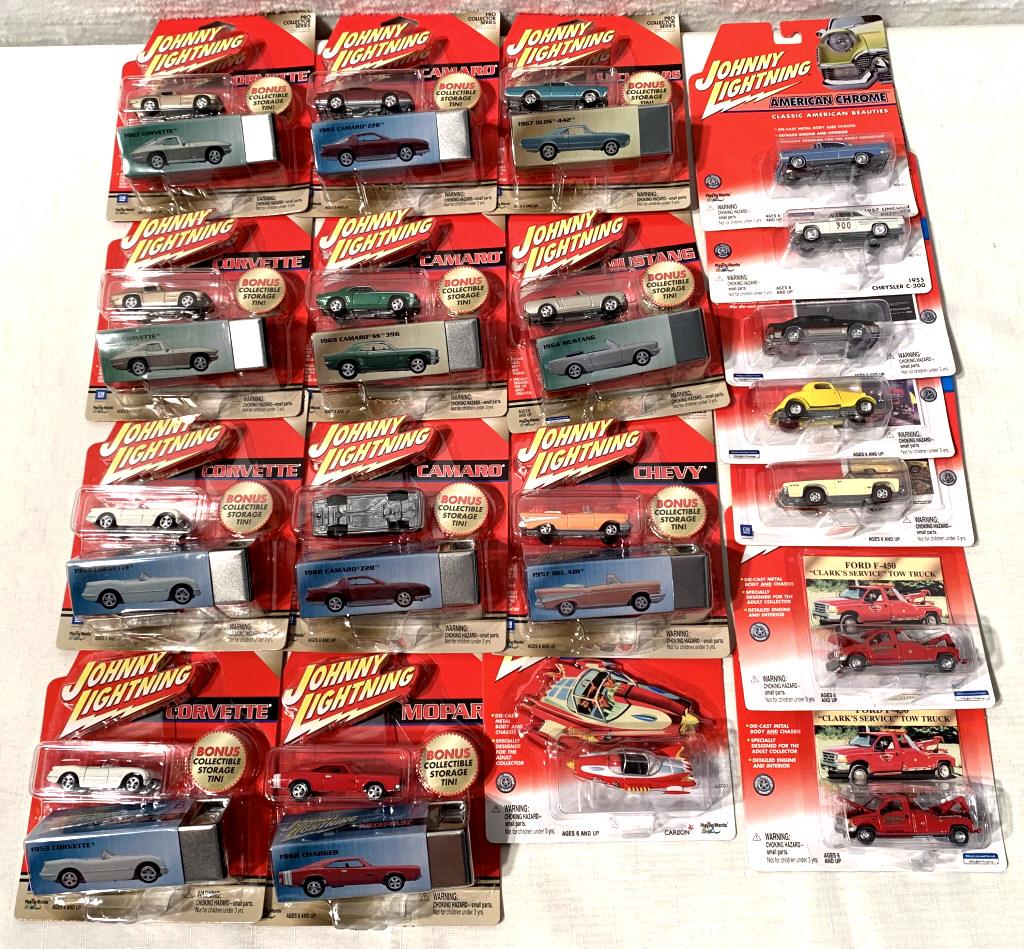 lot of 20+ 2003 Johnny Lightning w/ case & other: Chevy, Camaro, Mopar, Mustang, Muscle Cars, Corvette, 2001 AD Rods, 2001 Classic Gold, 2001 American Chrome, 2001 Supercar, box 161