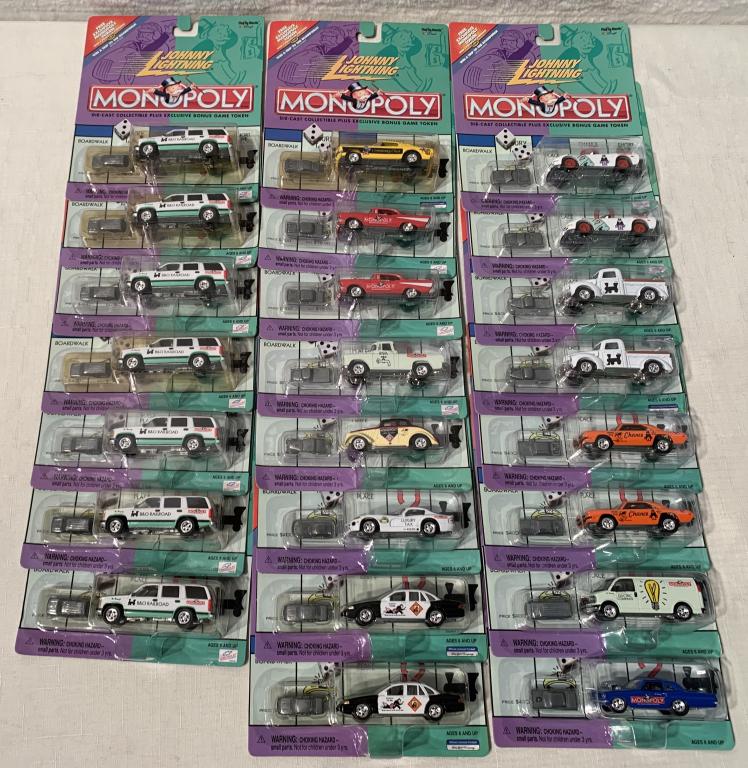 lot of 20+ 2000 Monopoly Johnny lightning: all w/ ad that says free tooken w/ 5 proofs of purchase, box 124