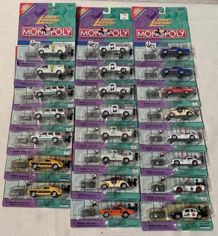 lot of 20+ 2000 Monopoly Johnny lightning: all w/ ad that says free tooken w/ 5 proofs of purchase, box 124