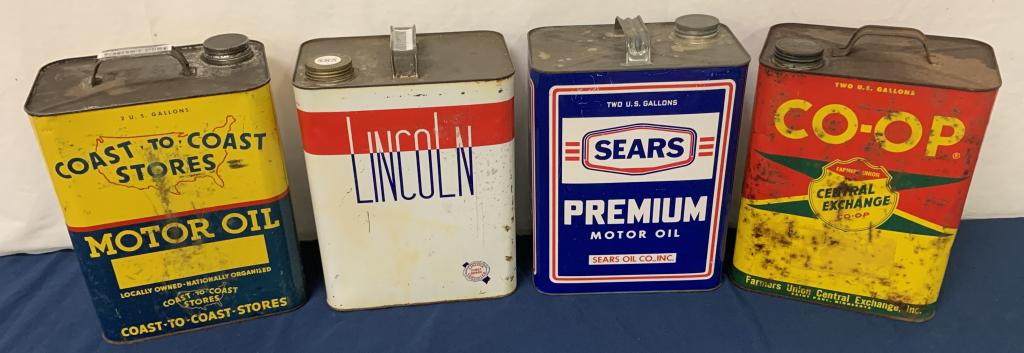 Lot of 4 Motor Oil Cans: Lincoln / Sears / Co-Op / Coast to Coast some cans are rusty/ dented, stained and some may have small holes, Asis see photos