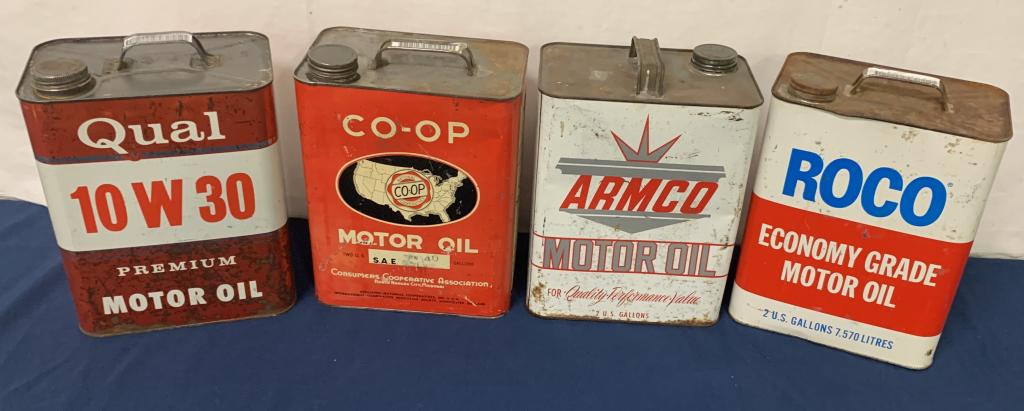 Lot of 4 Motor Oil Cans: Co-Op / Roco / Qual / Armco some cans are rusty/ dented, stained and some may have small holes, Asis see photos
