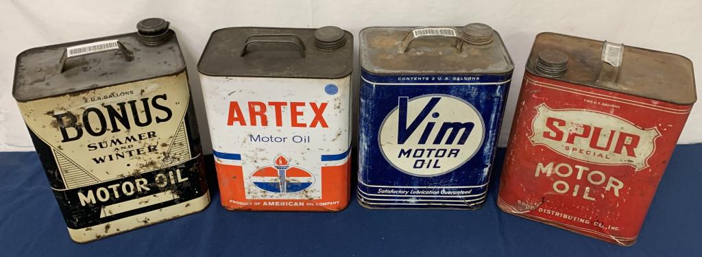 Lot of 4 Motor Oil Cans: Bonus / Artex / Vim / Spur some cans are rusty/ dented, stained and some may have small holes, Asis see photos