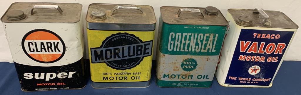 Lot of 4 Motor Oil Cans: Texaco / Clark / Morlube / Greenseal some cans are rusty/ dented, stained and some may have small holes, Asis see photos