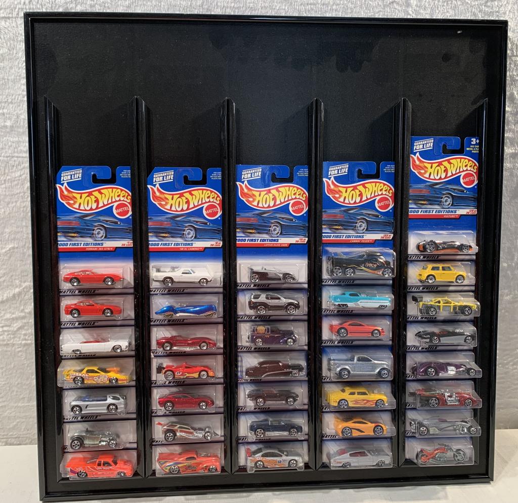 Hot Wheels display w/ 36 2000 1st Edition cars: cars # 1-36, 24 1/2" X 24 1/2"