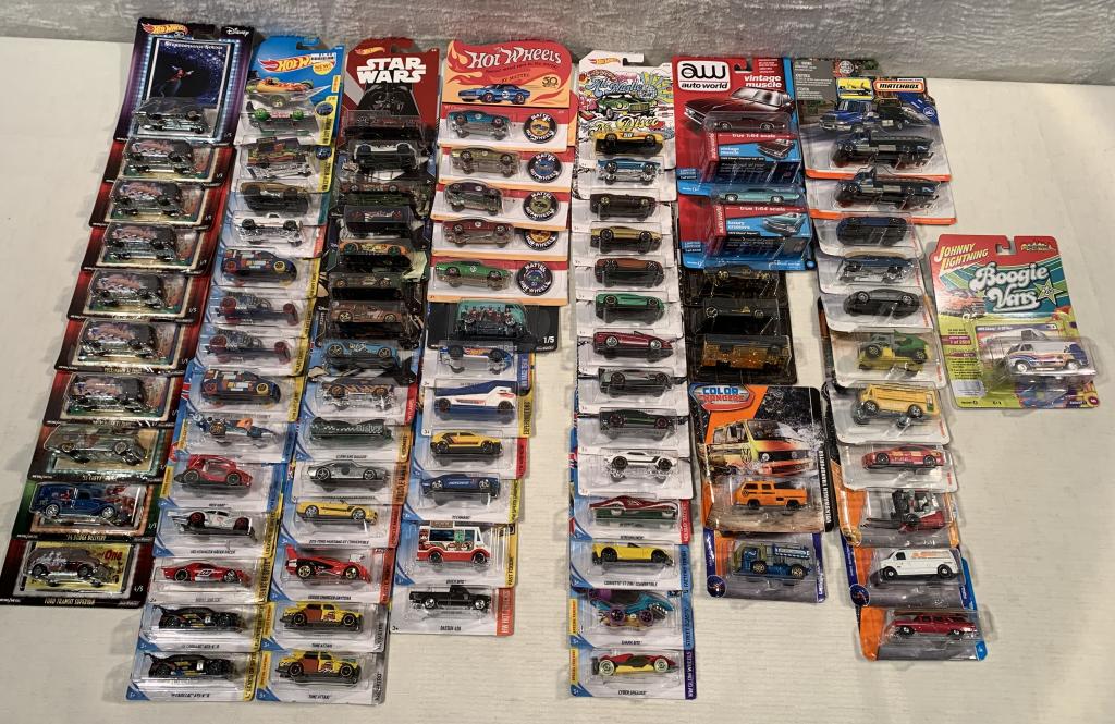 80+ 2017 & 2018 Hot Wheels, Matchbox, asst series: Star Wars, Disney, Johnny Lightning, Auto World, others, box marked Gold on side of lid