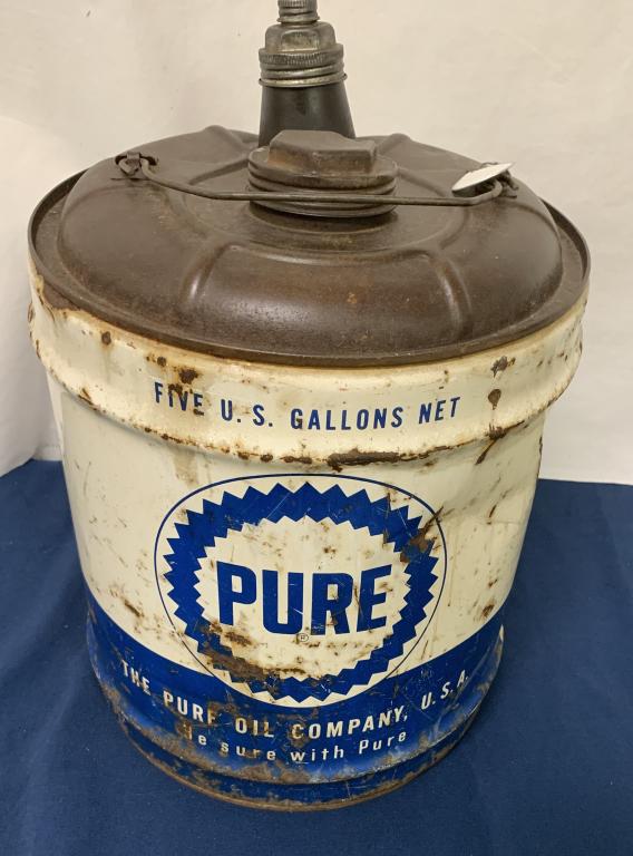 5 Gallon Oil Can "Pure": some cans are rusty/ dented, stained and some may have small holes, Asis see photos