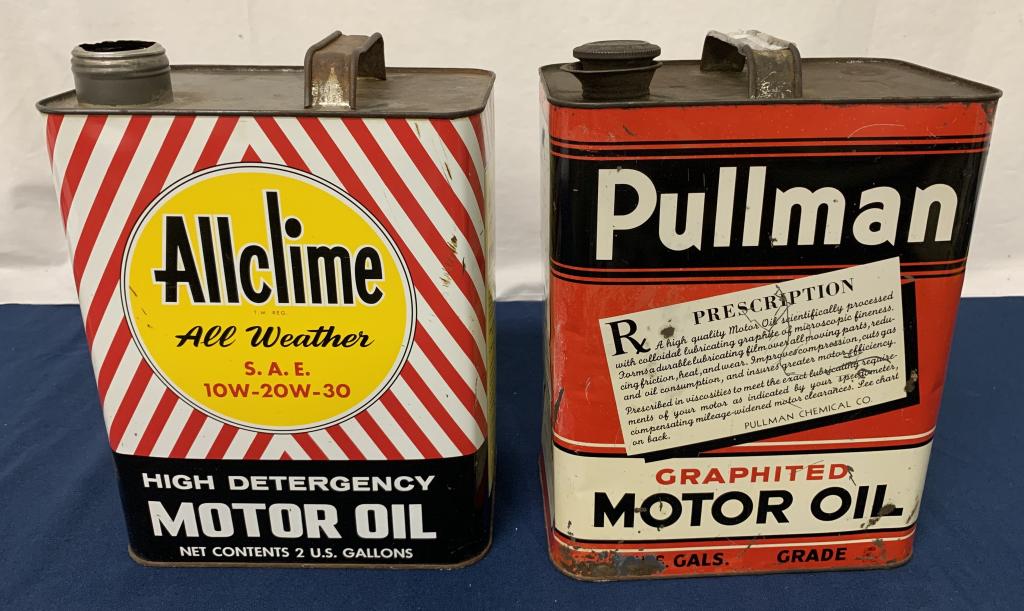 (2) Two Gallon Allclime & Pullman Motor oil cans: some cans are rusty/ dented, stained and some may have small holes, one is missing a cap, As is see photos