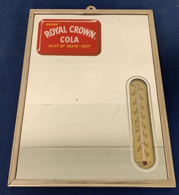 Royal Crown Cola mirror thermometer: 9" X 12", blemishes on mirror, slight wear