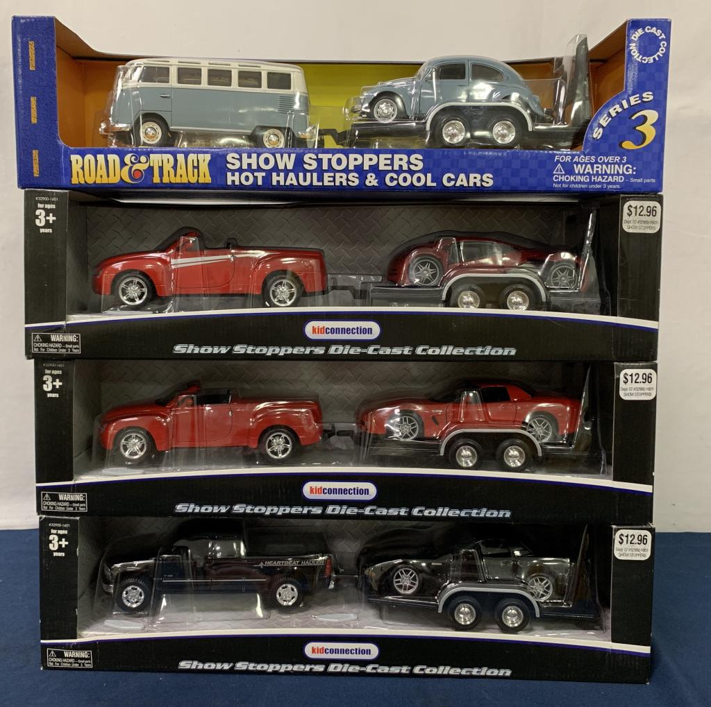 lot of 4 Maisto die casts: 1/25 scale 2004 Chevy SSR w/ 1/24 scale Lexus Futuristic Concept car, 1/25 scale 2004 Chevy SSr w/ 1/24 scale Corvette Z06, 1/27 Chevy Silvarado w/ 1/24 Corvette Z06, & Road & Track Show Stoppers Hot 