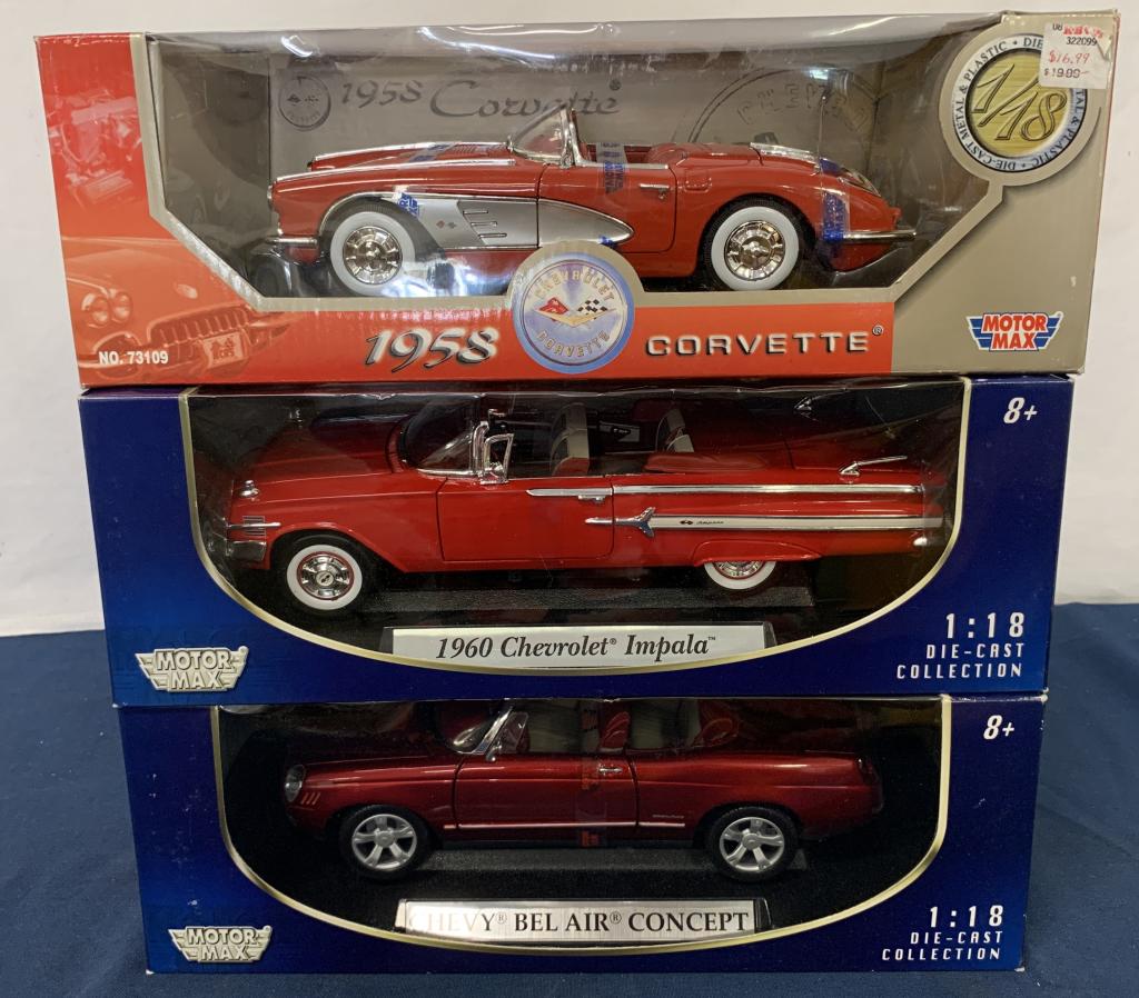 (3) Motor Max 1/18 scale die cast cars in boxes (1 of 2)