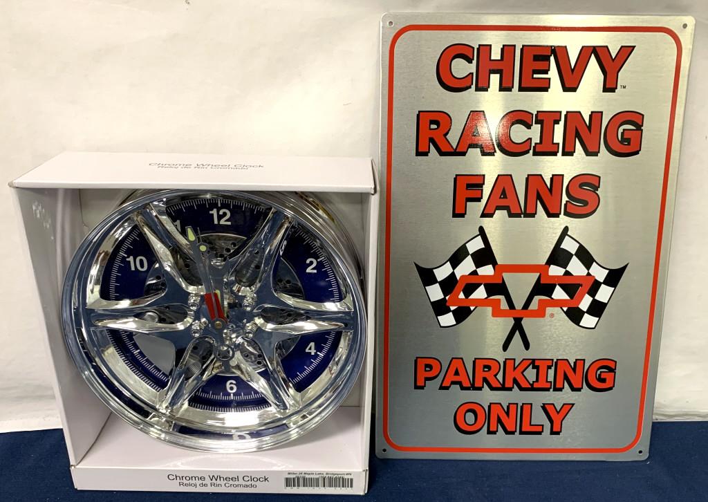 Plastic Chrome Wheel Clock & Chevy Racing sign (1 of 4)