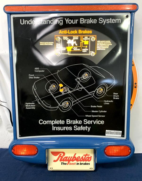 Raybestos Braking System Display sign: lights up, crack at bottom of license plate, light scratches, 28" tall X 22" wide X 5" deep 3rd Party Shipping or Pick up Only