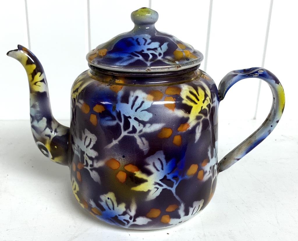 Enamelware Multi Color Teapot: chip at base of spout