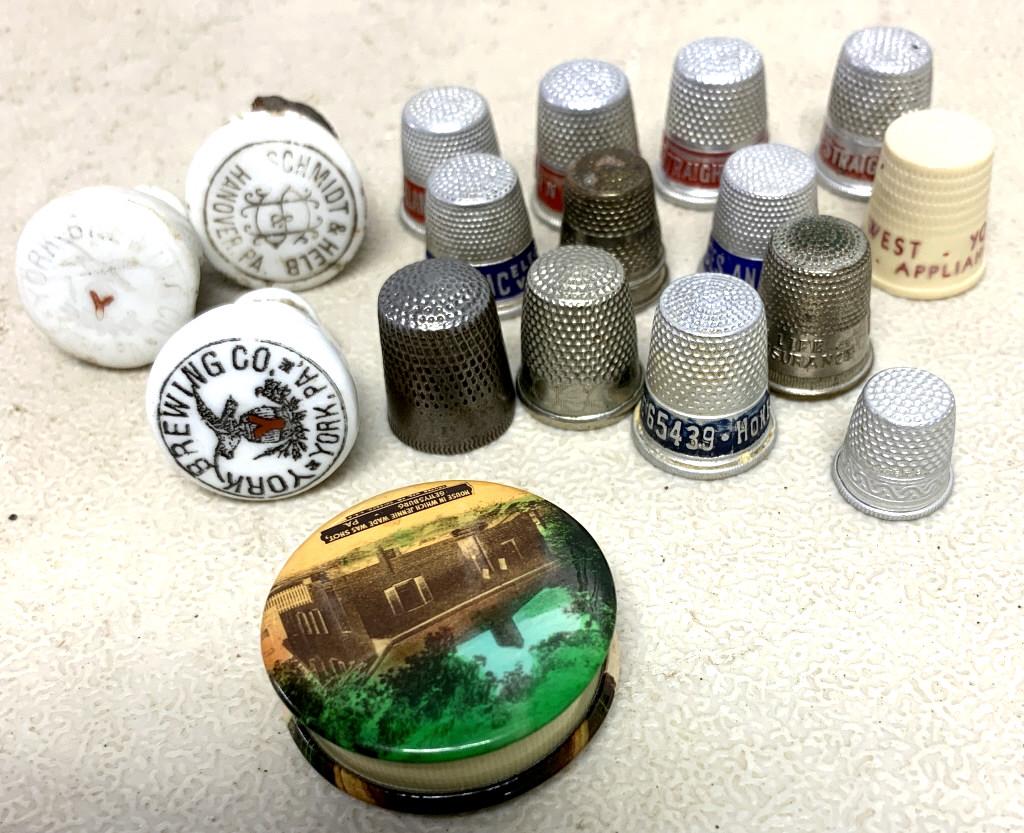 Lot of 17 Thimbles/Bottle Tops / Tape Measure: see photos