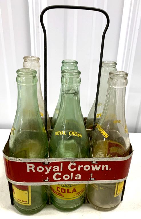 Royal Crown Cola Carrier and 6 Bottles: bottles are worn / faded
