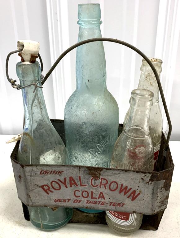 Royal Crown Cola Carrier and 6 Bottles: misc. bottles one is Budweiser