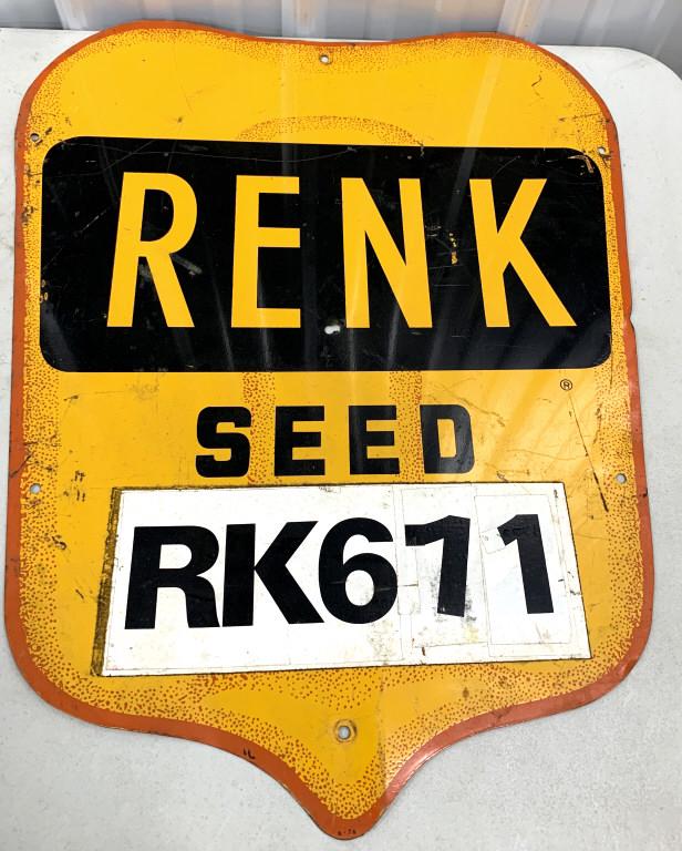 Renk Seed Painted Metal Sign: 22'' x 27 '' As Is Hole in very center of the sign see photos
